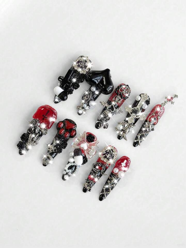 10pcs Dark Punk Style Halloween Handmade Press-On Nails + 3 Sheets Double-Sided Adhesive, Y2K Gothic Manicure Set, Removable, Rhinestone Decorated With Faux Pearl Chain, Suitable For Festivals, Parties, Dancing And Daily Wear