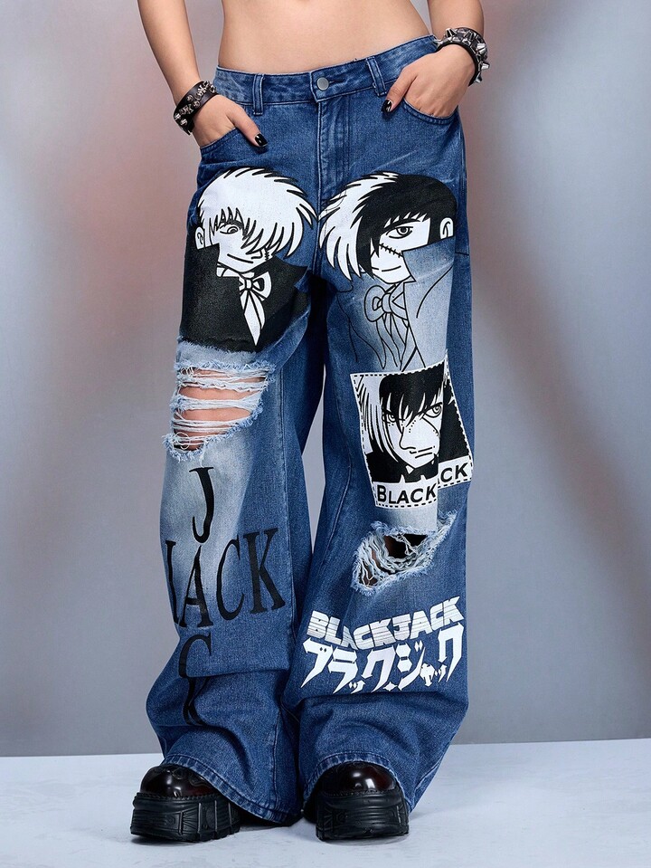 Black Jack X ROMWE Women's Casual Fashion Street Anime Figure Graphic Low Waist Distressed Loose Boyfriend Jeans