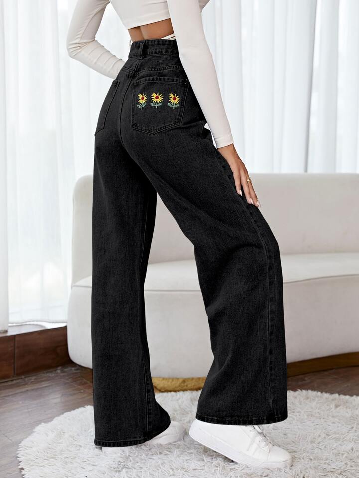 Floral Embroidery Wide Leg Jeans