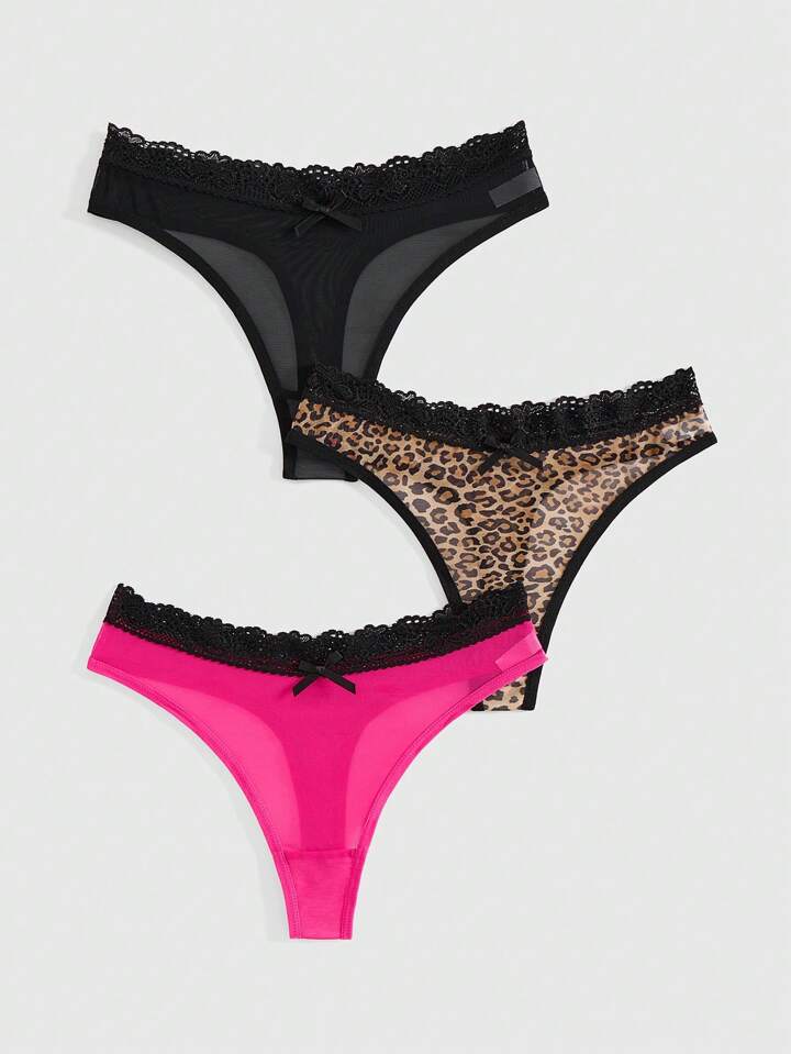 J-Fashion 3pcs/Pack Gyaru Shebuya Girl Leopard Print Mesh Lace Patchwork Contrast Binding Panties For Women