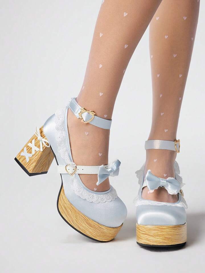 Kawaii Women's Blue High Heel Shoes, Y2K Sweet Bow Punk Gothic Lolita Strap Buckle Mary Jane JK Uniform Pumps