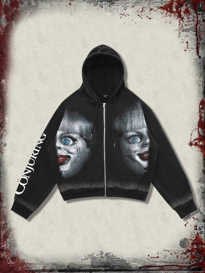 The Conjuring X ROMWE Men's Figure Graphic Zip Up Hooded Sweatshirt, Suitable For Autumn/Winter