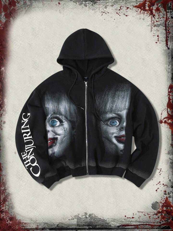 The Conjuring X ROMWE Men's Figure Graphic Zip Up Hooded Sweatshirt, Suitable For Autumn/Winter