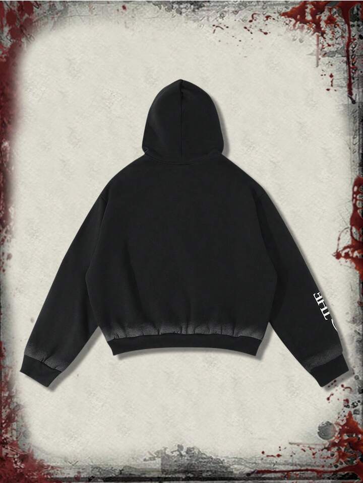 The Conjuring X ROMWE Men's Figure Graphic Zip Up Hooded Sweatshirt, Suitable For Autumn/Winter