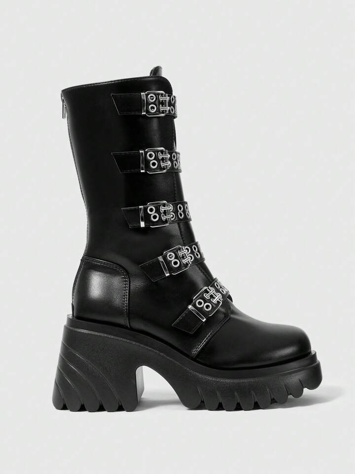 Grunge Punk European & American Style Black Leather Platform Boots, Gothic Boots With Thick Soles, Belt Buckle, Rivets, Punk Rock High Top Boots, Women Chunky Heeled Mid-Calf Boots New Year Holiday