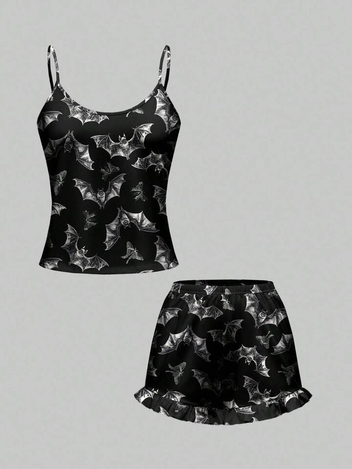 Goth Halloween Bat Print Camisole & Shorts Pajama Set, Casual Sleepwear