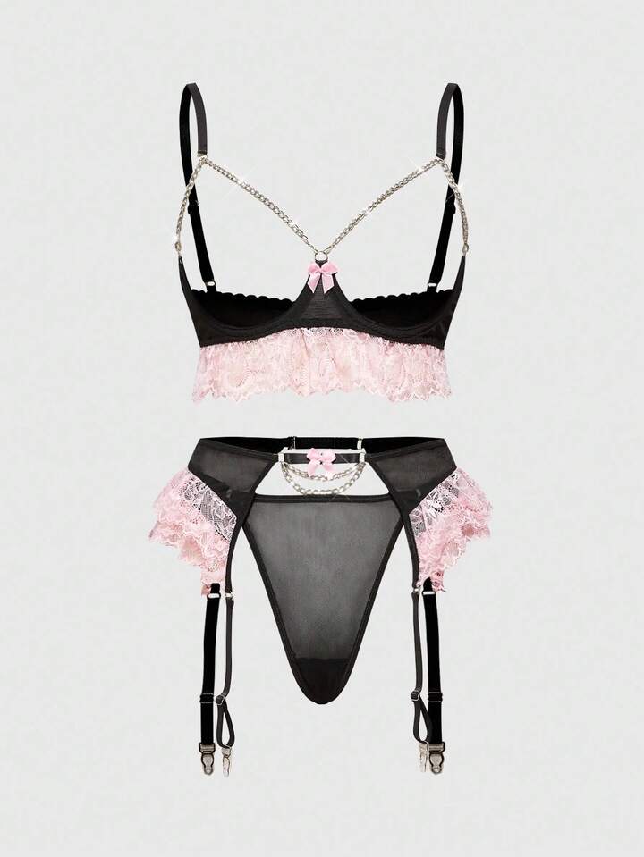 Grunge Punk 3pcs/Set Gothic Punk Style Net Lace Contrast Color Bowknot Underwired Bra, Thong And Garter Belt Sexy Lingerie Set