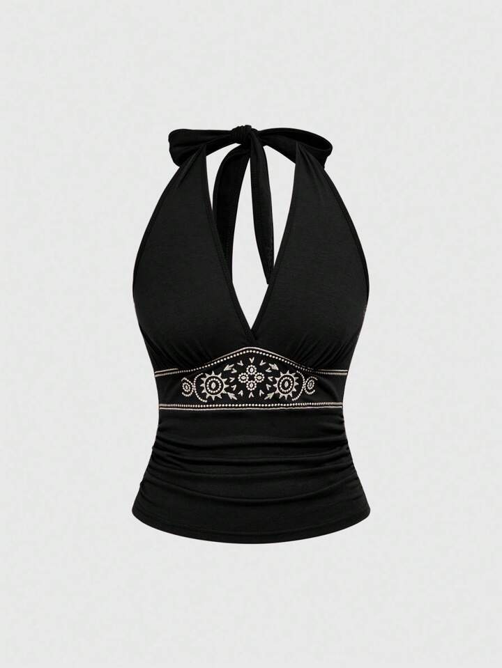 Hippie Sexy Summer Vacation Halter Tie Strap Knot Bow Embroidery Floral Low-Cut Coffee Women Tank Top