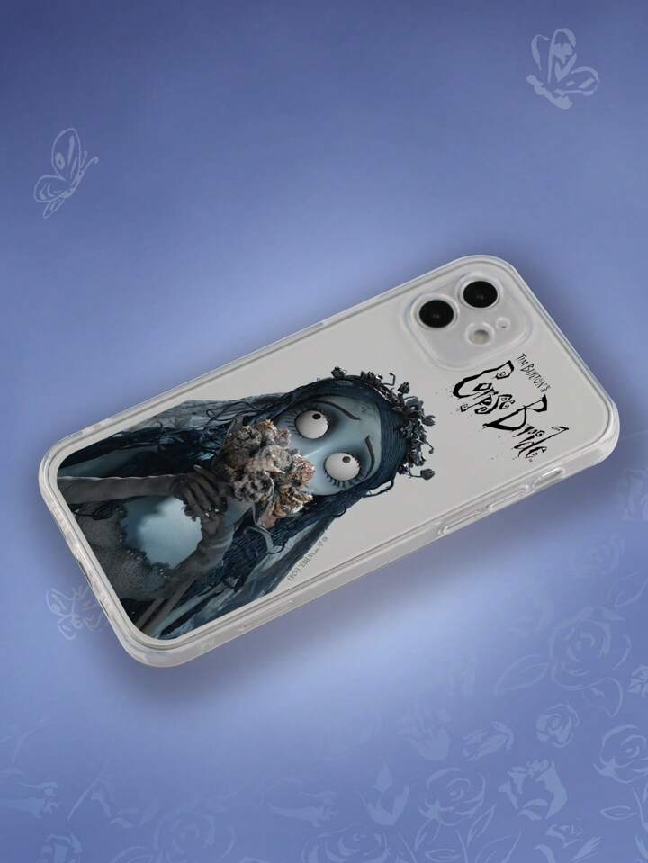 Corpse Bride | ROMWE 1pc Transparent TPU Case With Figure And Bouquet Print, Compatible With Multiple IPhone Models