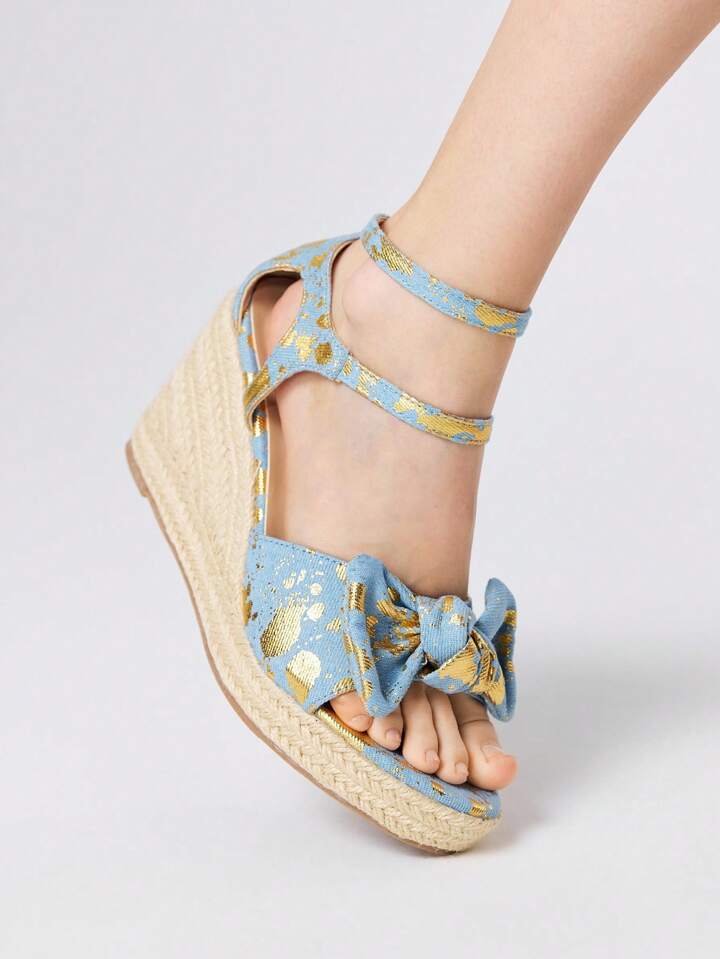 Kawaii Bow Floral Open Toe Wedge Sandals For Women