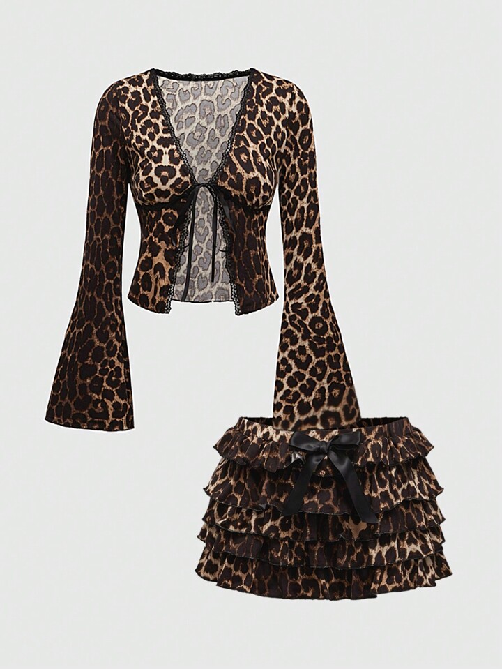 Kawaii Women's Retro Y2K Leopard Print Ribbon Tie Cardigan & Ruffle Hem Puff Shorts 2 Pieces Set