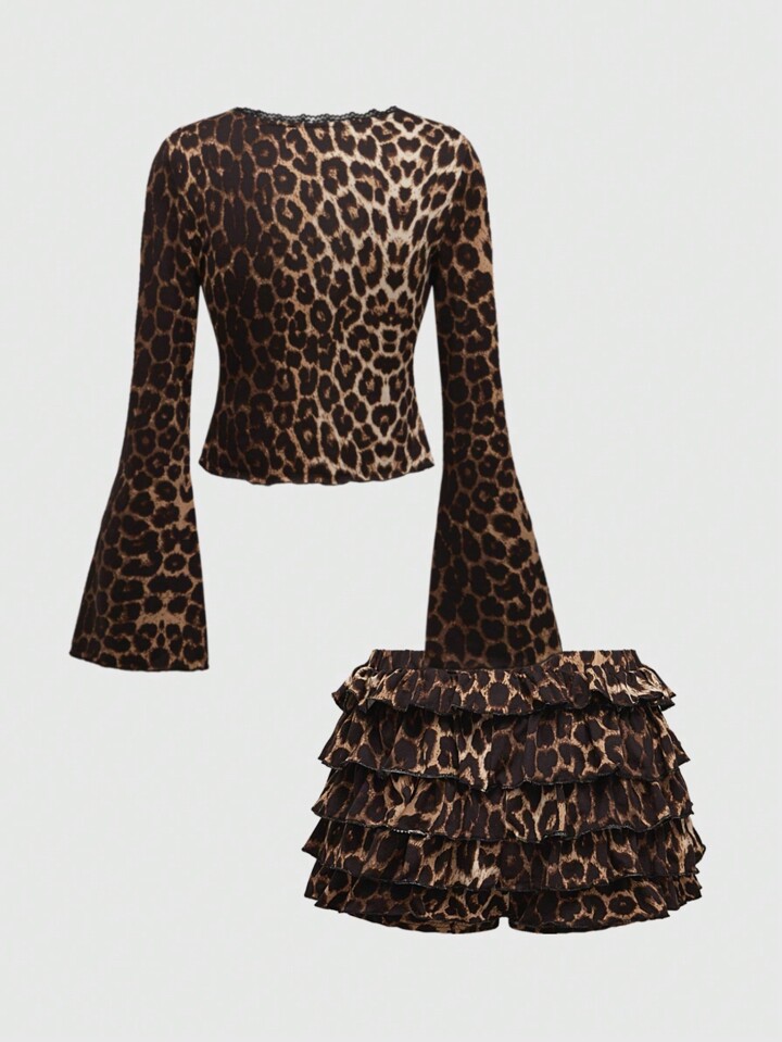 Kawaii Women's Retro Y2K Leopard Print Ribbon Tie Cardigan & Ruffle Hem Puff Shorts 2 Pieces Set 2 Kawaii Women's Retro Y2K Leopard Print Ribbon Tie Cardigan & Ruffle Hem Puff Shorts 2 Pieces Set