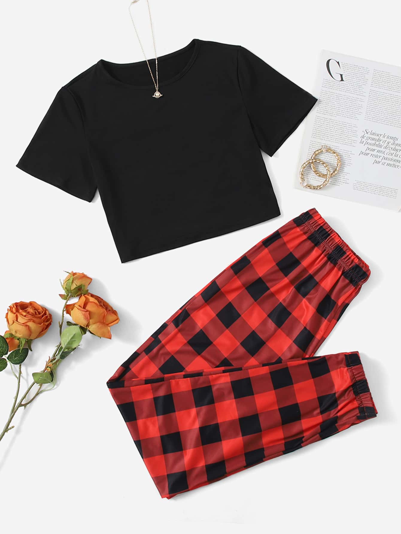 Crop Tee With Gingham Print Pants Pajama Set