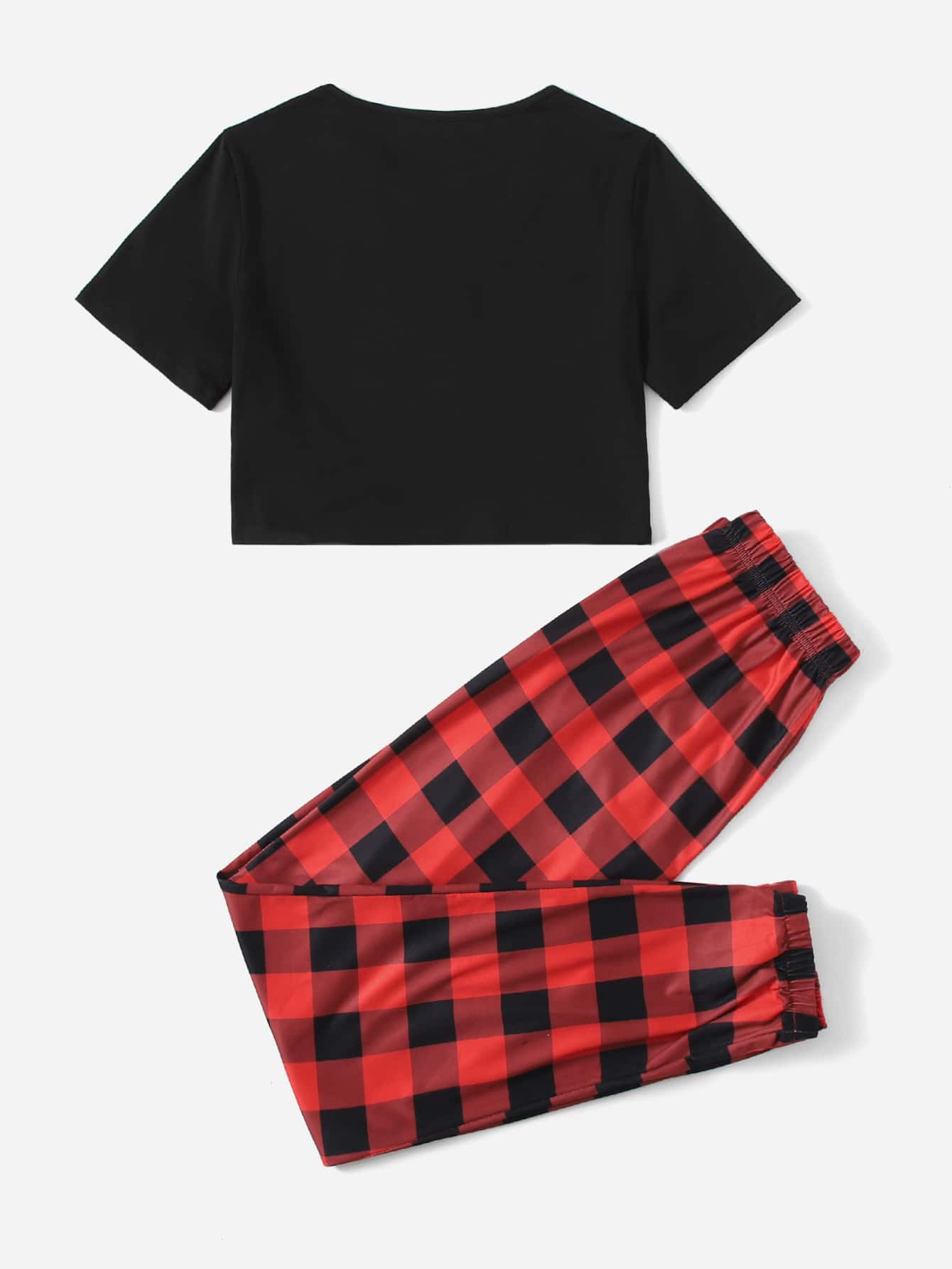 Crop Tee With Gingham Print Pants Pajama Set