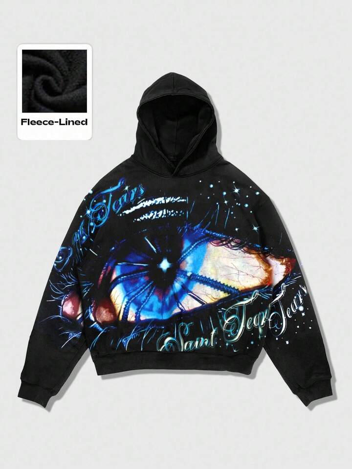 Street Life Punk Avant-Garde Eye Print Rhinestone Hoodie, Unisex Street Pullover Sweatshirt Top, Autumn/Winter