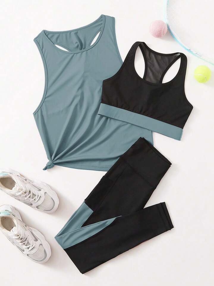 3pcs Colorblock Sports Set Workout Women Set