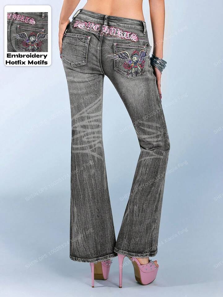 Betty Boop | ROMWE Y2K Biker Chic Wing Print Rhinestone Embellished Flare Jeans