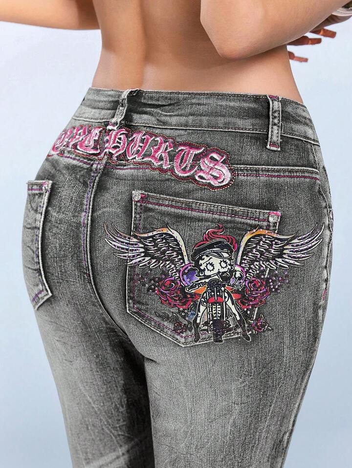 Betty Boop | ROMWE Y2K Biker Chic Wing Print Rhinestone Embellished Flare Jeans 10 Betty Boop | ROMWE Y2K Biker Chic Wing Print Rhinestone Embellished Flare Jeans