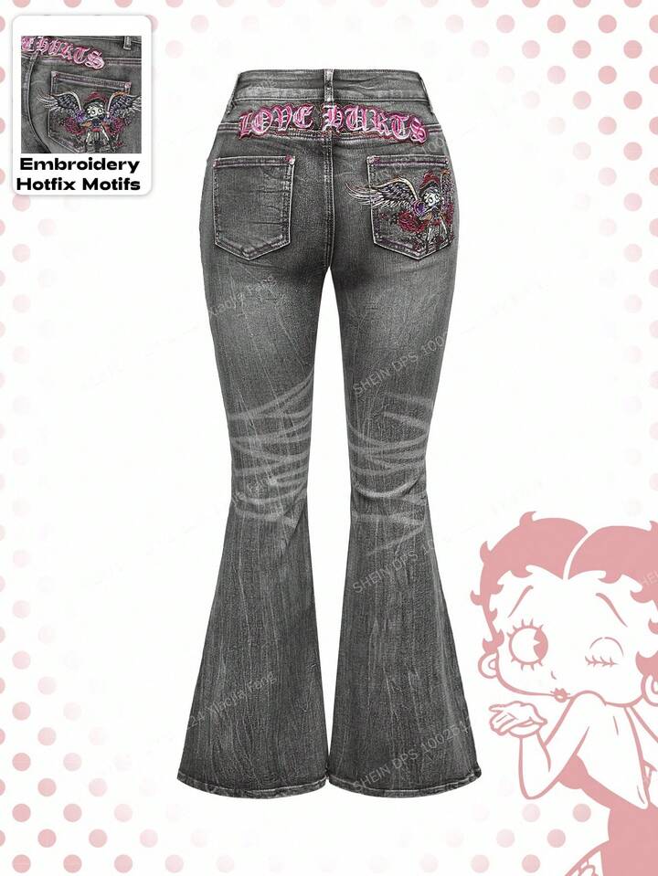 Betty Boop | ROMWE Y2K Biker Chic Wing Print Rhinestone Embellished Flare Jeans 11 Betty Boop | ROMWE Y2K Biker Chic Wing Print Rhinestone Embellished Flare Jeans