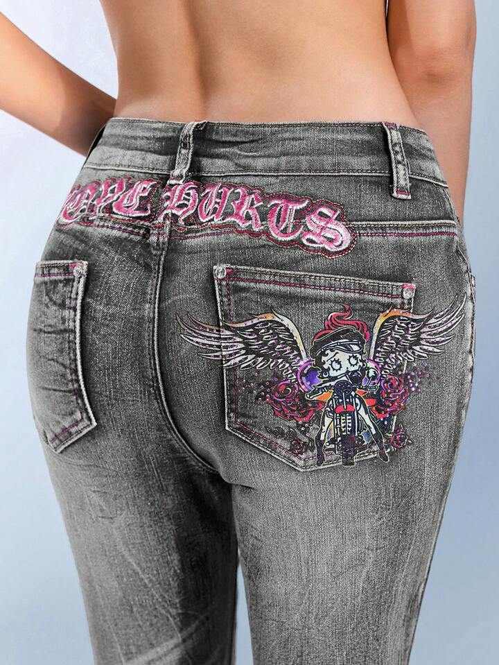 Betty Boop | ROMWE Y2K Biker Chic Wing Print Rhinestone Embellished Flare Jeans 4 Betty Boop | ROMWE Y2K Biker Chic Wing Print Rhinestone Embellished Flare Jeans
