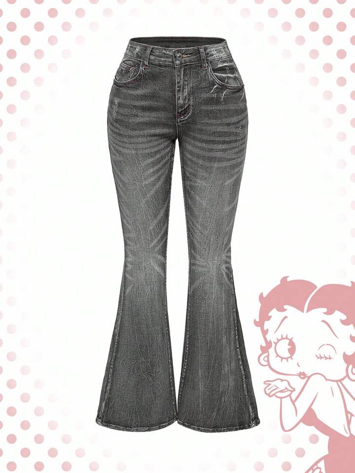 Betty Boop | ROMWE Y2K Biker Chic Wing Print Rhinestone Embellished Flare Jeans 8 Betty Boop | ROMWE Y2K Biker Chic Wing Print Rhinestone Embellished Flare Jeans