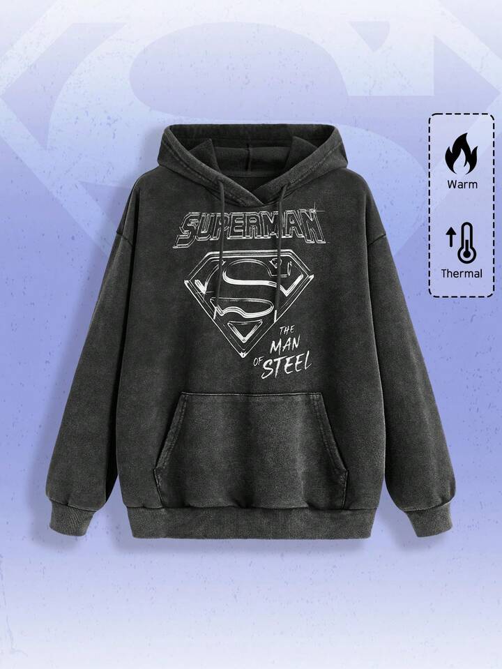SUPERMAN X ROMWE Logo And Letter Graphic Distressed Texture Drawstring Hooded Sweatshirt,Long Sleeve Tops
