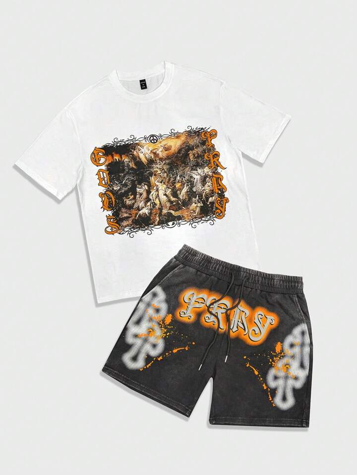 Street Life Men's Vintage Graphic Print Crew Neck Short Sleeve T-Shirt And Drawstring Waistband Shorts Set