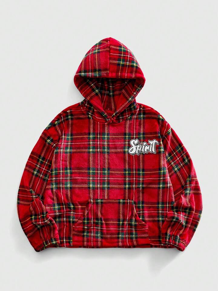 Prep Men's Casual Patch Print Plaid Letter Graphic Hoodie Sweatshirt, Autumn/Winter