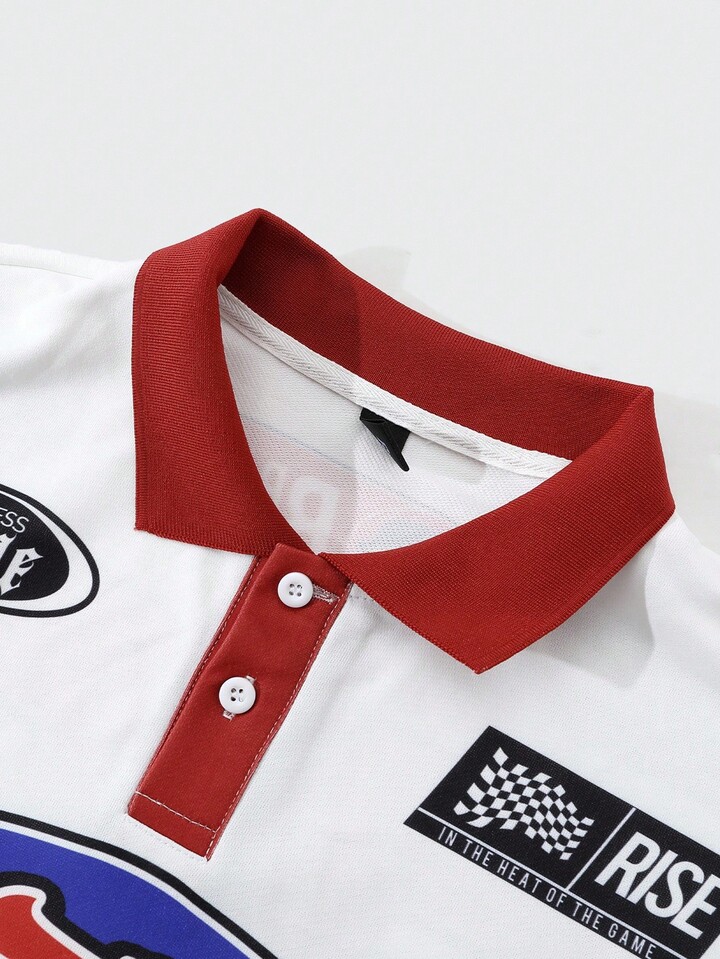 Prep Men's Slogan Print Casual Loose Fit Long Sleeve Polo Shirt, For Fall 6 Prep Men's Slogan Print Casual Loose Fit Long Sleeve Polo Shirt, For Fall