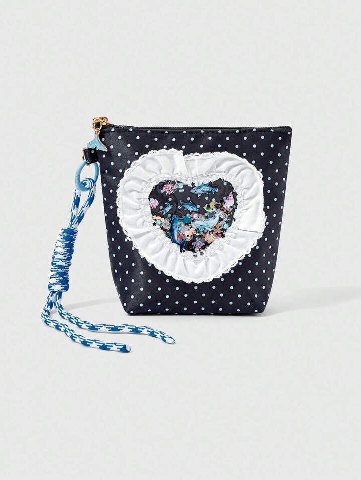 Fairycore White Lace Trim Blue Polka Dot Marine Life Pattern Trapezoid Cosmetic Bag, Large Capacity And Portable
