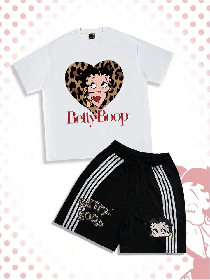 Betty Boop | ROMWE Men's Leopard Cartoon Figure Graphic Short Sleeve T-Shirt And Striped Print Shorts Set