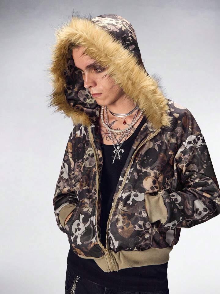 Men's Autumn/Winter Furry Skull Printed Casual Hoodie Sweatshirt