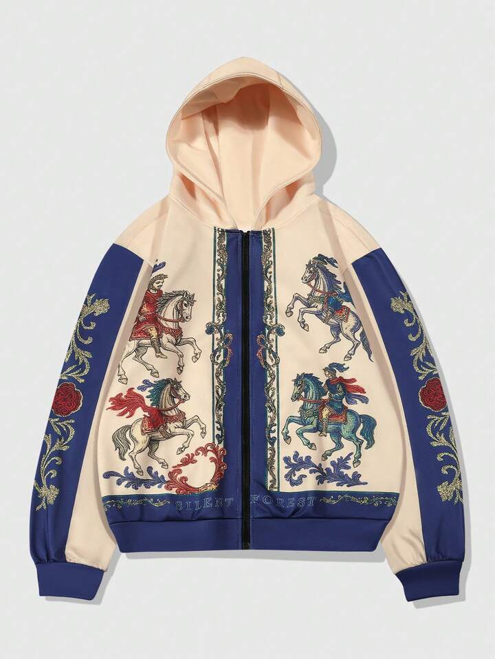Street Life Knight On Horse Graphic Zip-Up Hooded Sweatshirt Sweatshirt