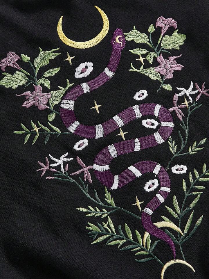 Dark Gothic Snake & Plant Print Loose Fit Plus Size Fleece Sweatshirt