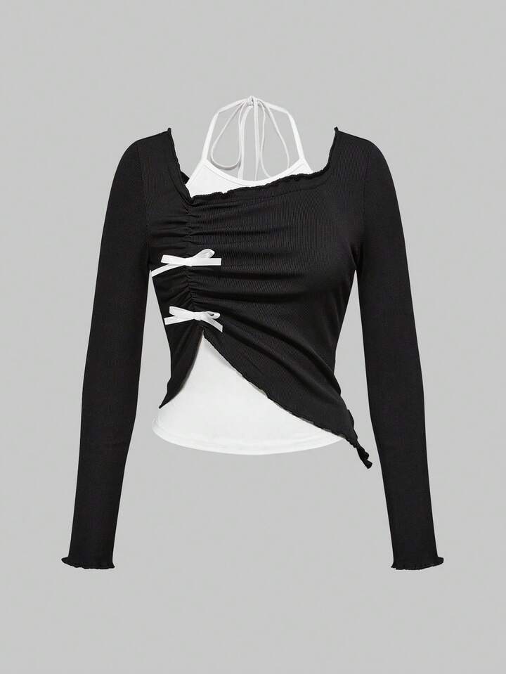 2 In 1 Halter Neck Long Sleeve Cute Splicing T-Shirt