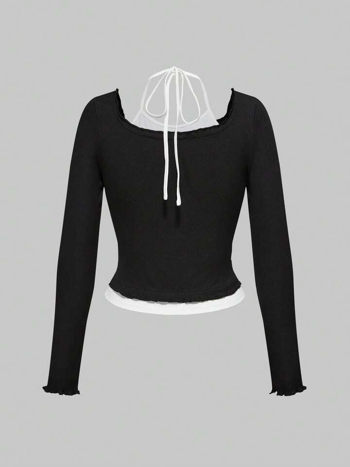 2 In 1 Halter Neck Long Sleeve Cute Splicing T-Shirt