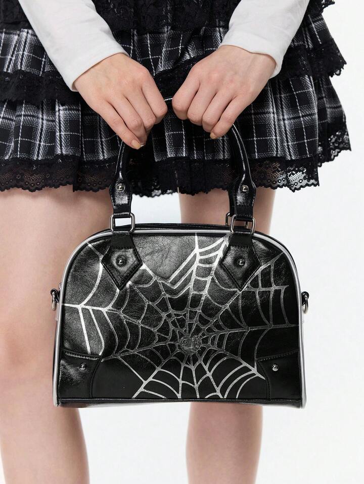 Goth Fashionable High-End Boston Oiled Wax Leather Women's Handbag, Silver Stamping Craftsmanship, Commuter Shoulder Crossbody Tote