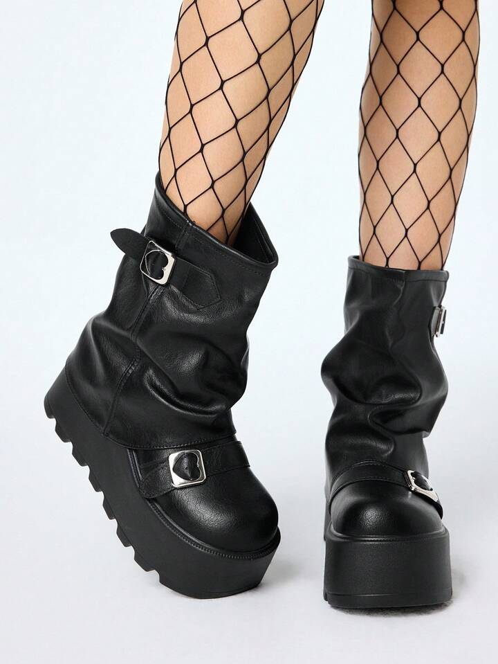 Grunge Punk 2025 Autumn/Winter New Round Toe Thick Sole Punk Style Buckle Strap Pants Leg Boots, Leather Outdoor Fashion Slip-On Mid-Calf Boots For Christmas
