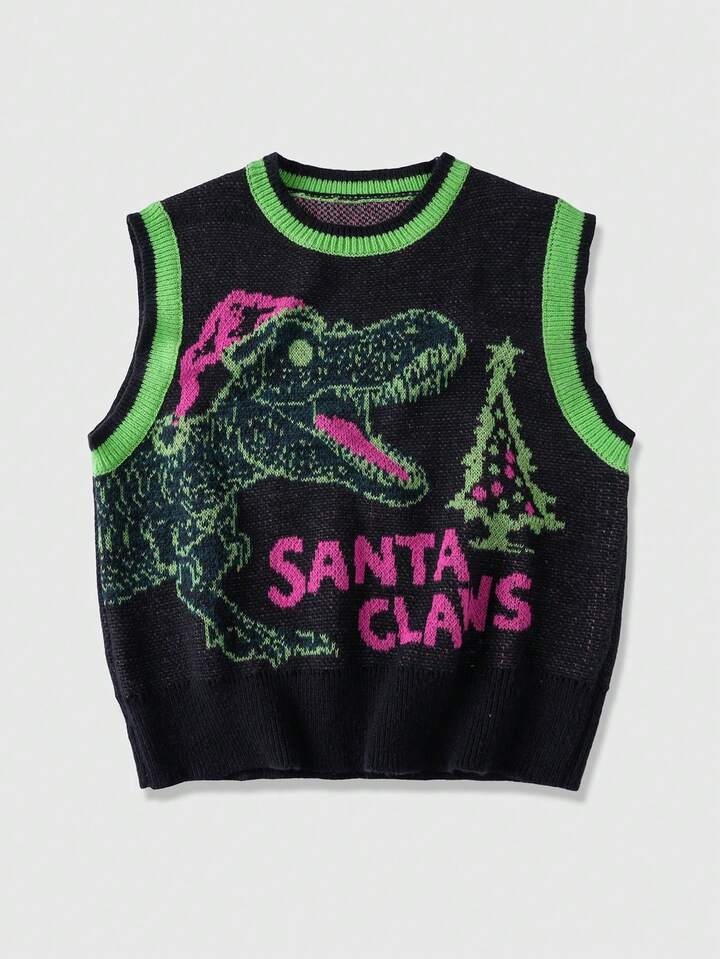 Street Life Men's Casual Dinosaur Jacquard Knit Vest, Winter