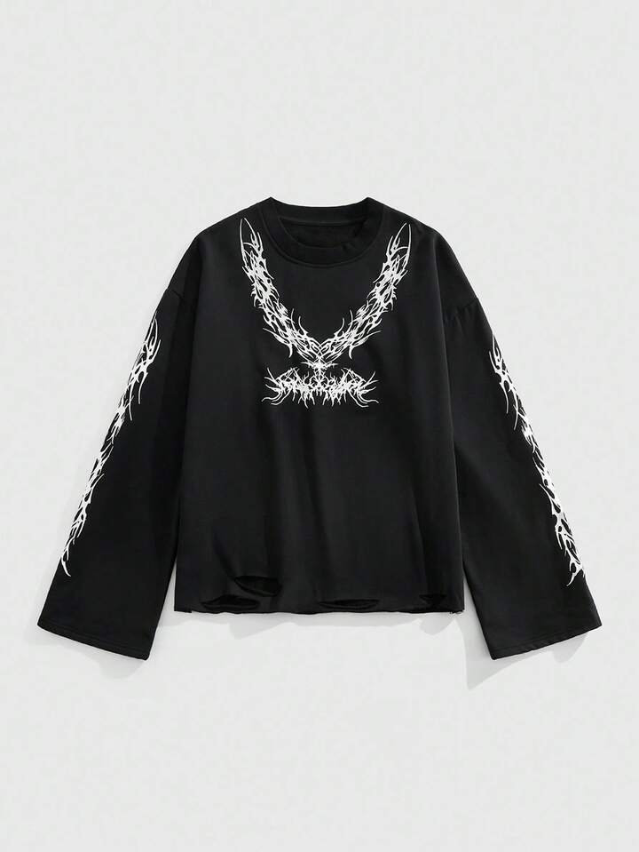 Men's Gothic Print Long Sleeve Casual Crew Neck Pullover Sweatshirt, Autumn Halloween