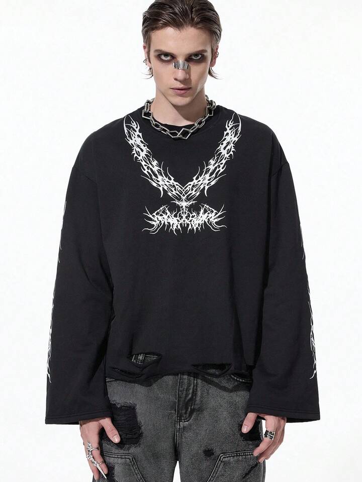 Men's Gothic Print Long Sleeve Casual Crew Neck Pullover Sweatshirt, Autumn Halloween 4 Men's Gothic Print Long Sleeve Casual Crew Neck Pullover Sweatshirt, Autumn Halloween