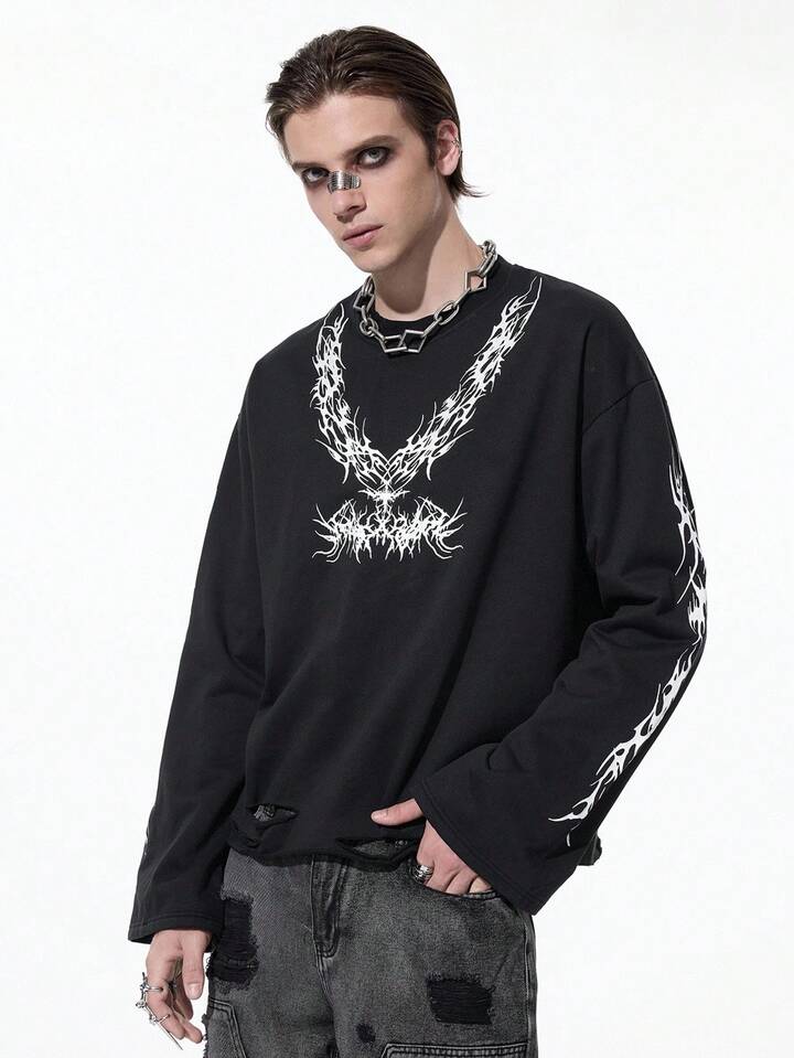 Men's Gothic Print Long Sleeve Casual Crew Neck Pullover Sweatshirt, Autumn Halloween 6 Men's Gothic Print Long Sleeve Casual Crew Neck Pullover Sweatshirt, Autumn Halloween