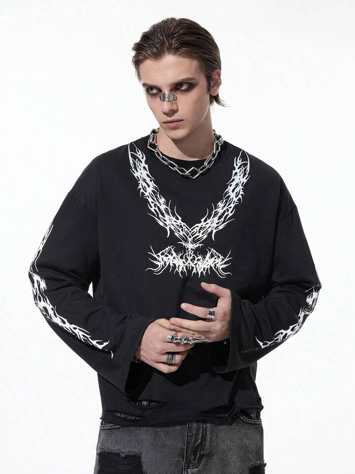 Men's Gothic Print Long Sleeve Casual Crew Neck Pullover Sweatshirt, Autumn Halloween 7 Men's Gothic Print Long Sleeve Casual Crew Neck Pullover Sweatshirt, Autumn Halloween