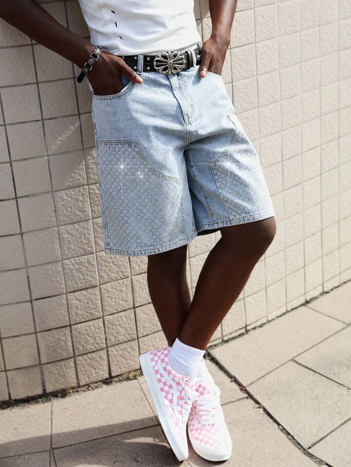 Street Life Men's Street Rhinestone Decor Pocket Denim Shorts