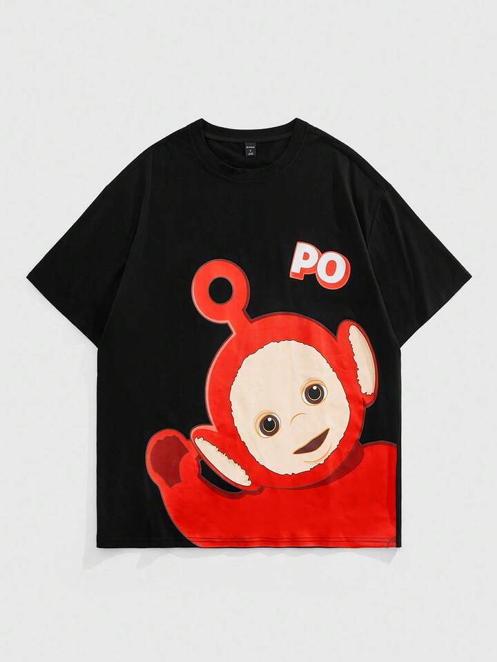 Teletubbies X ROMWE Men's Casual Everyday Commute Cute Cartoon Letter Graphic Black Loose Short Sleeve T-Shirt, Summer