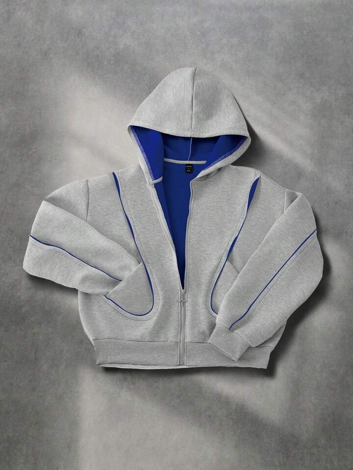 Casual Men's Patchwork Contrast Color Zip-Up Hooded Sweatshirt, Retro Street Style, Long Sleeve Top