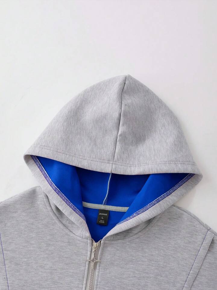Casual Men's Patchwork Contrast Color Zip-Up Hooded Sweatshirt, Retro Street Style, Long Sleeve Top