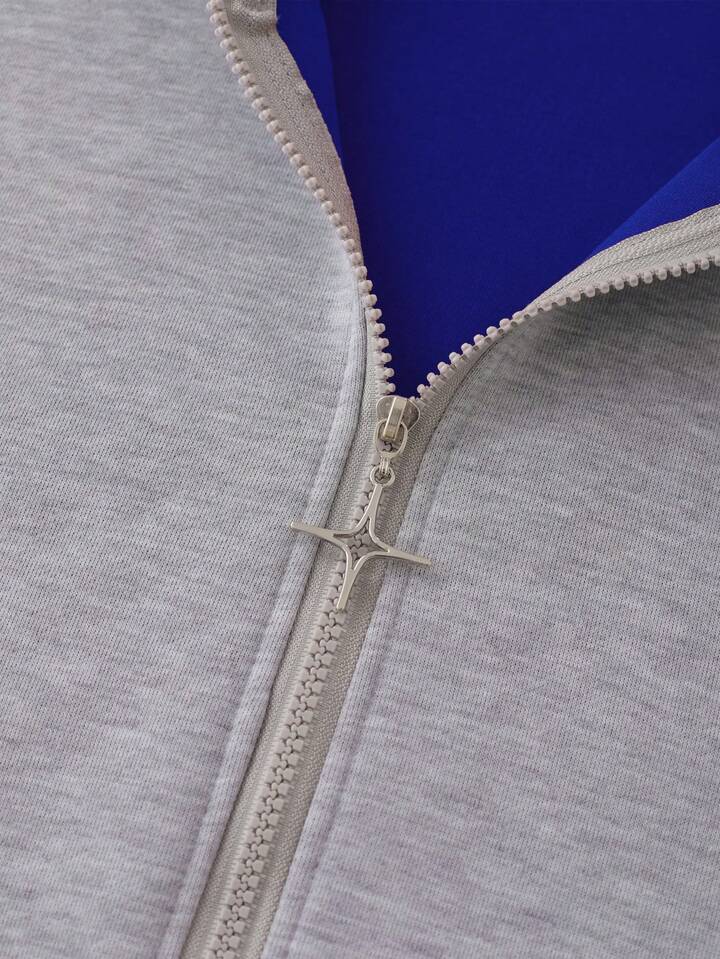 Casual Men's Patchwork Contrast Color Zip-Up Hooded Sweatshirt, Retro Street Style, Long Sleeve Top