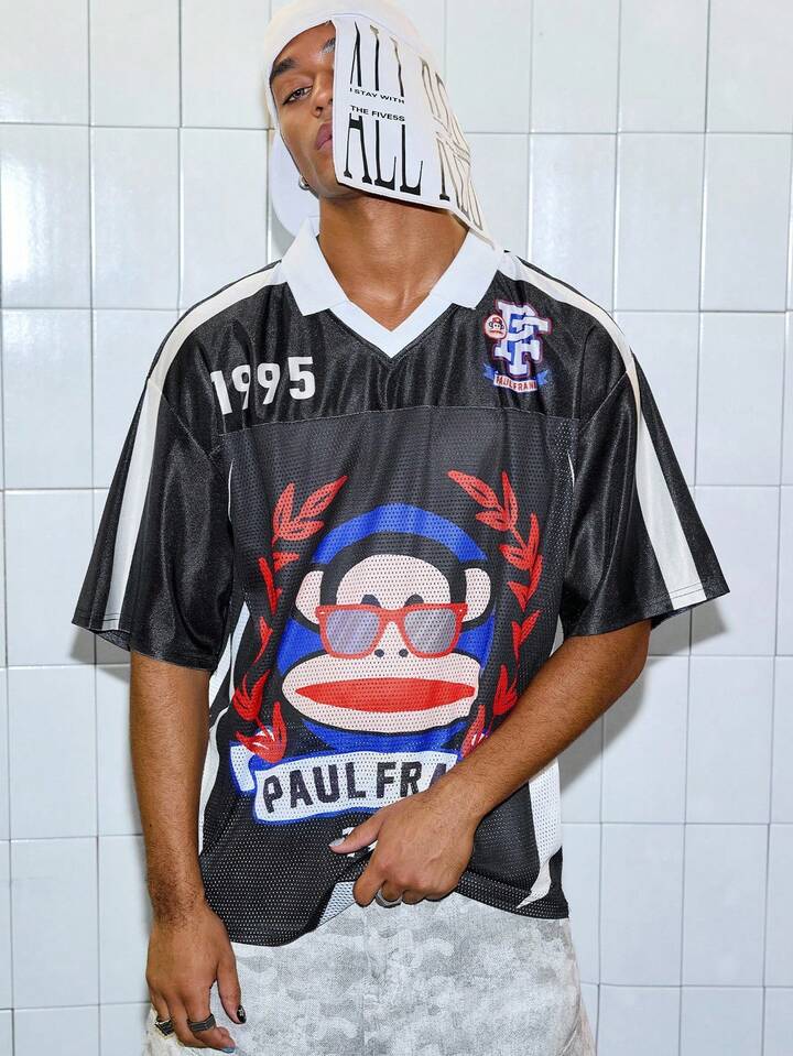 Paul Frank X ROMWE Men's Fashionable Summer Cartoon Monkey Print Short Sleeve Polo Shirt