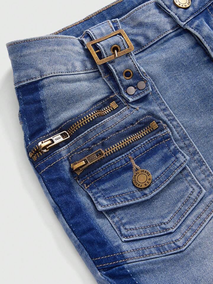 ROMWE Avant Women's Y2K Harajuku Retro Contrasting Color Zip Decor Capri Jeans